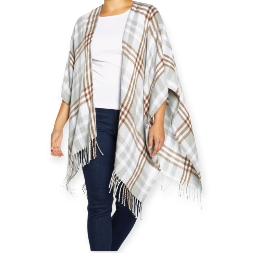Three Dots NWT‎ OS Cashmere Blend Wrap LOUSIA PLAID GREY Fringe Classic Ranch